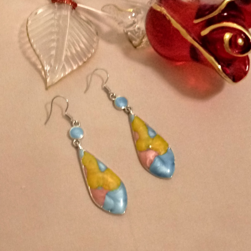 NWOT Fashion Enamel Earrings Blue,Coral & Yellow